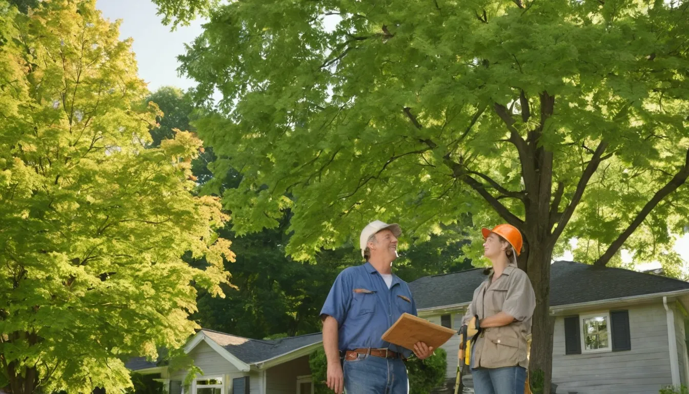 A friendly tree removal provider talking with a homeowner in front of an older house in Wildwood