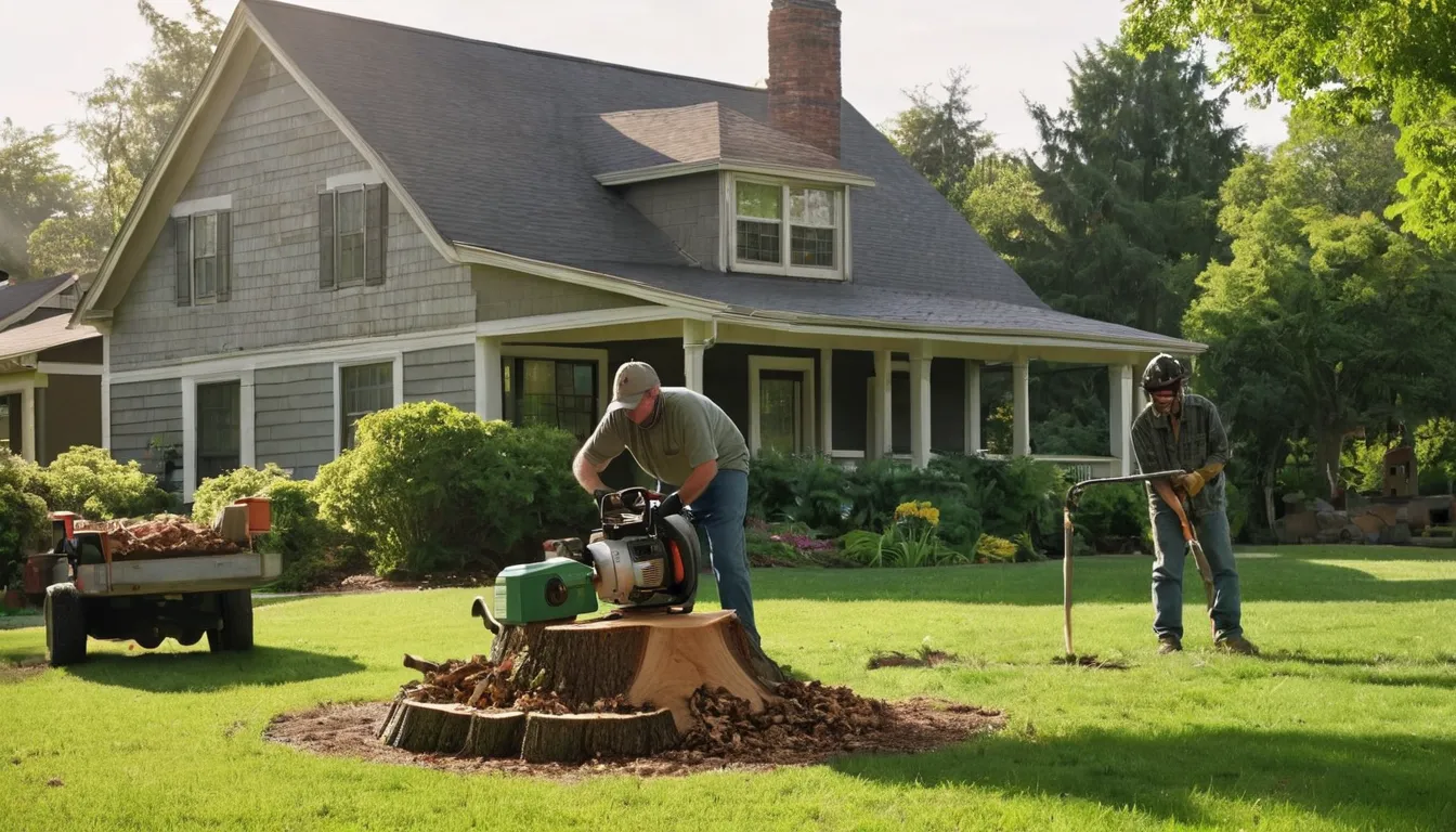 Provider grinding a tree stump beside an older frame house in Wildwood